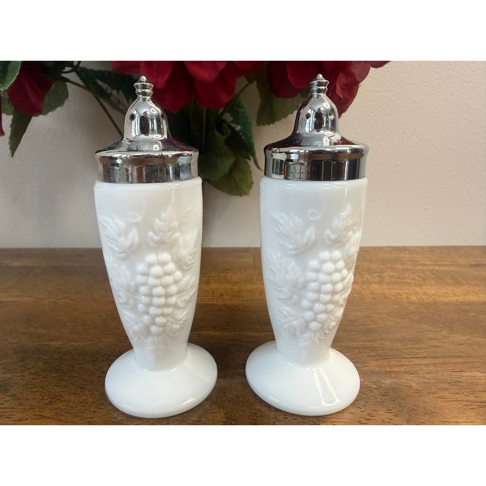 Vintage Westmoreland Paneled Grape Milk Glass Salt Pepper Shakers Chrome Lids